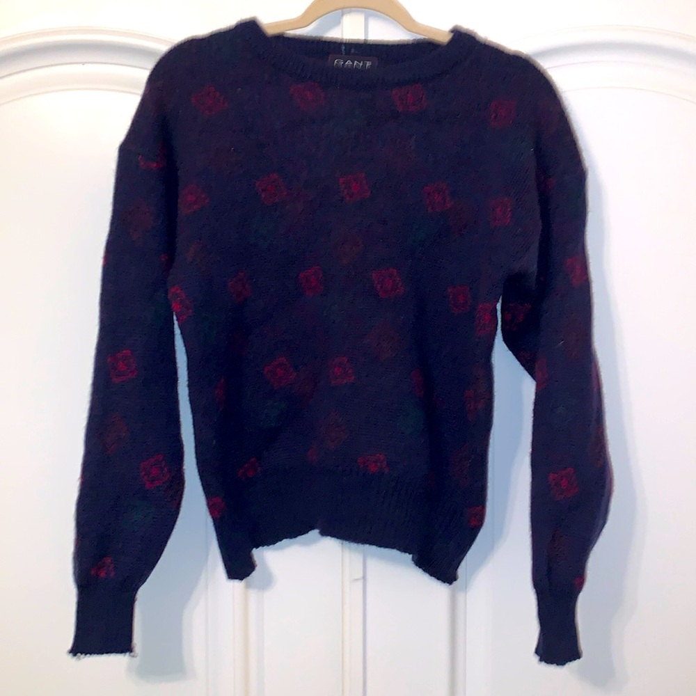 100% Wool - Grandpa Style Sweater - Navy with Red and Green Pattern - fits Med.